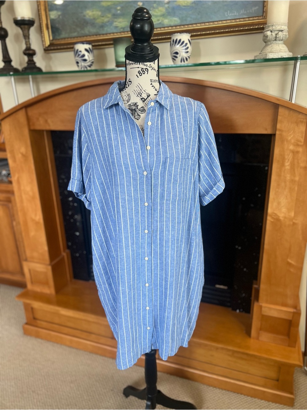 Old Navy Blue Stripe LinenShort-Sleeve Button-Down Dress